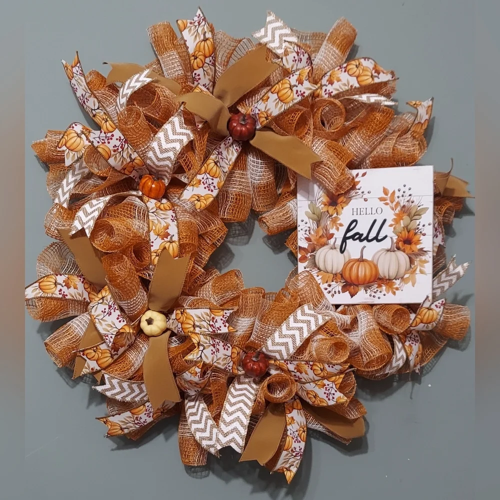 Festive Fall Wreath with Pumpkins and Bows